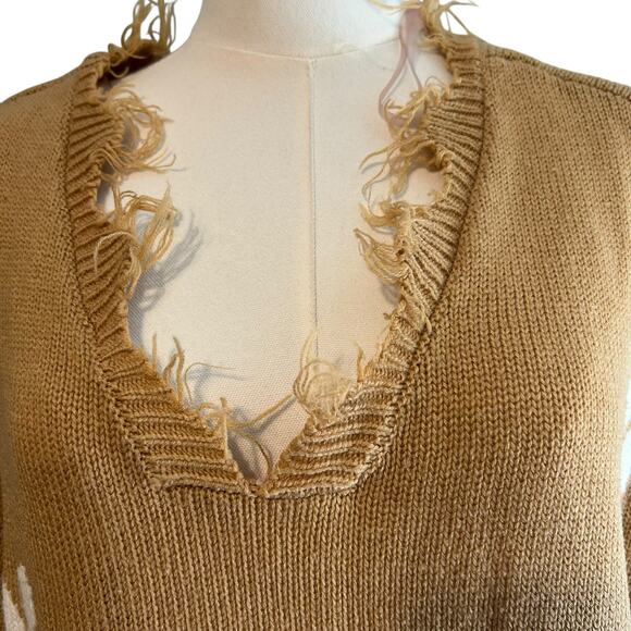 Just Polly New York Brown w/ Daisy Sweater SZ L Distressed V-neck Raw Edge - Picture 3 of 10